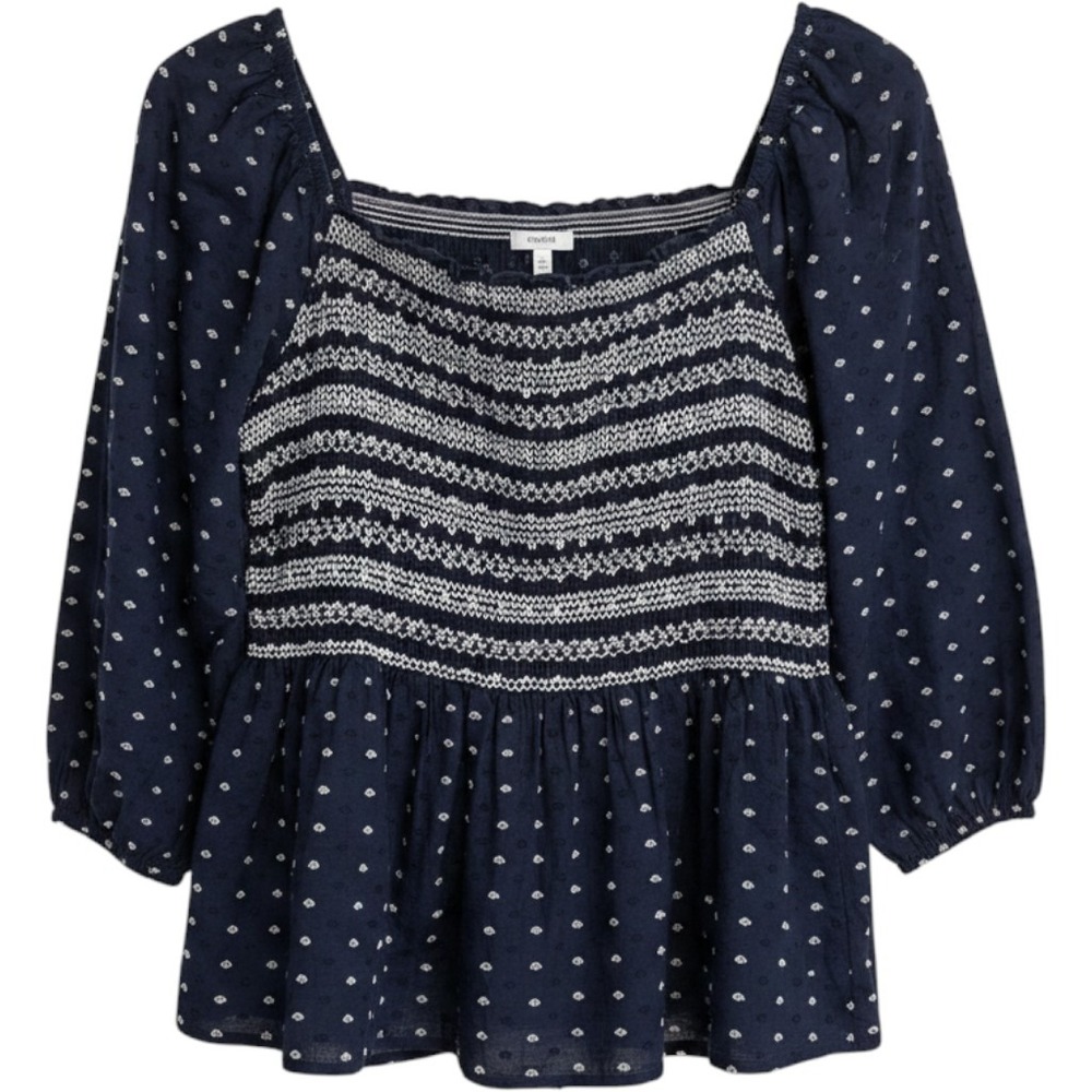 Crown & Ivy Navy Blue Smocked Peplum Top XXL NWT Clip Dot Puff Sleeve Blouse